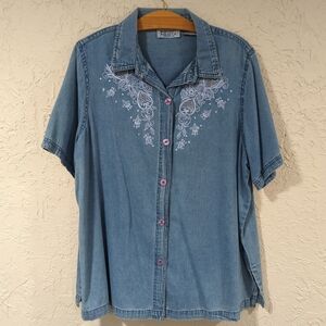 Main Street Blues Blue Denim Shortsleeve Button-Up Shirt Embroidered Women's 20W